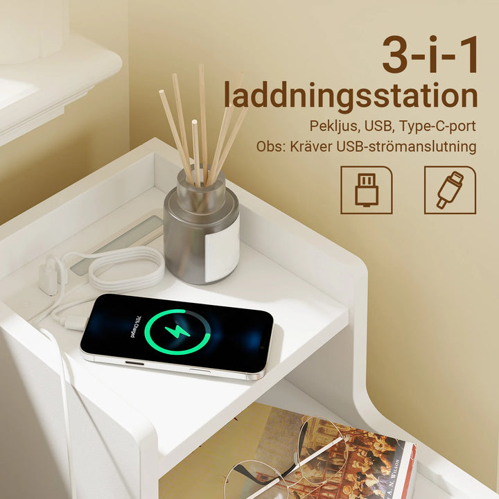 Ekstra smalt natbord med LED-lampe og USB-opladning