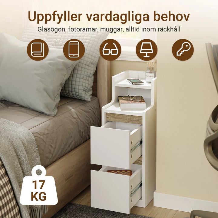 Ekstra smalt natbord med LED-lampe og USB-opladning