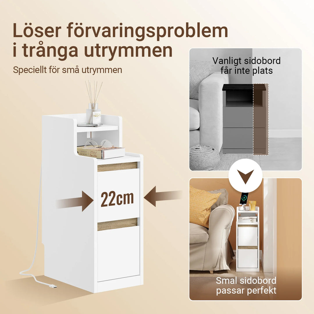 Ekstra smalt natbord med LED-lampe og USB-opladning