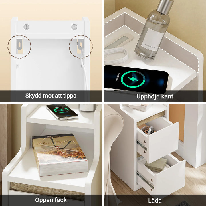 Ekstra smalt natbord med LED-lampe og USB-opladning