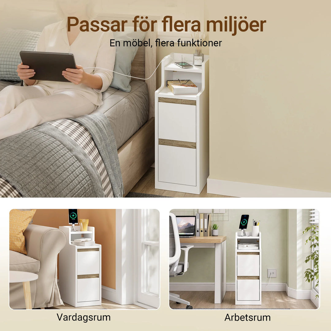 Ekstra smalt natbord med LED-lampe og USB-opladning