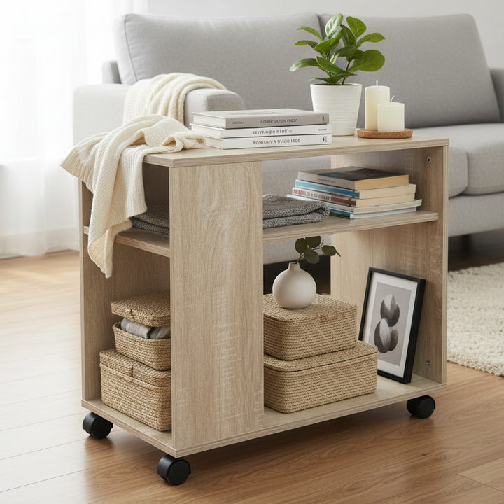 Sidebord med hjul, 70x35x61 cm, naturfarvet