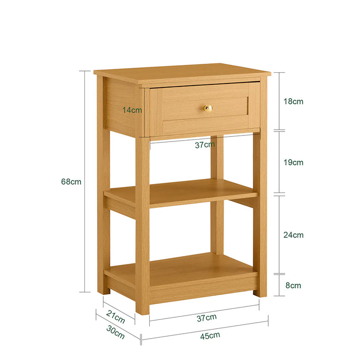 Sengebord med 1 skuffe og 2 hylder, L45xB30xH68 cm, naturfarvet