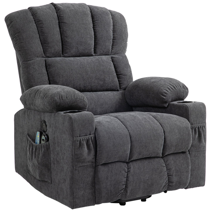 Elektrisk power lift-lænestol med massage- og varmefunktion, usb-porte, kopholdere, mørkegrå