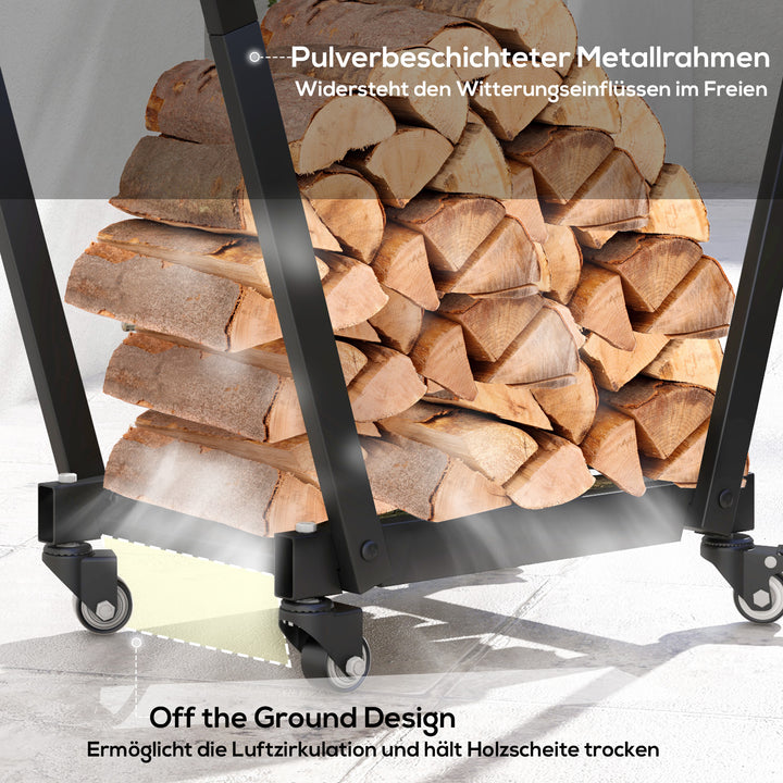 Brændereol, trapezformet design, pulverlakeret metal, mobil med hjul, 79 x 30 x 81 cm, sort