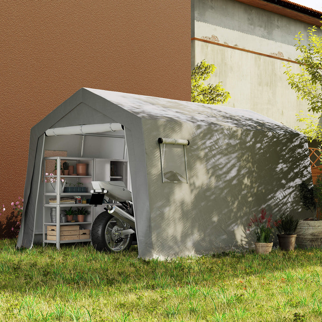 Redskabsskur med gavltag, vandtæt redskabstelt med døre og vinduer, 300x447x255 cm, lysegrå