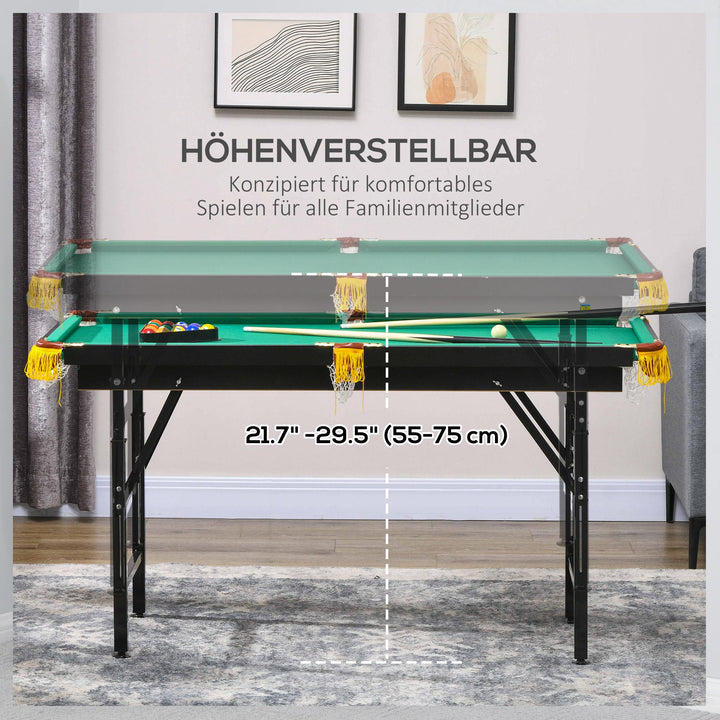 Sammenklappeligt, højdejusterbart poolbord, inklusive trekant/2 køer/16 kugler, grøn
