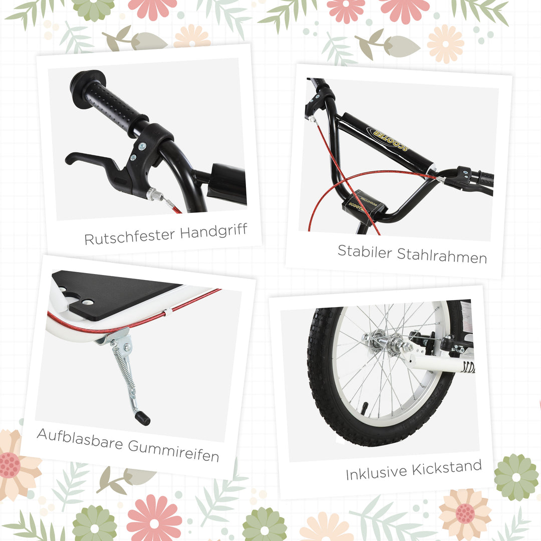 Børnescooter, sparkscooter, city scooter, sparkscooter, børnesparkbræt med pneumatiske dæk og håndbremse, scooter til børn, vandtæt, foldbar, fra 5 år, 16 tommer, hvid, 139 x 58 x 90-96 cm