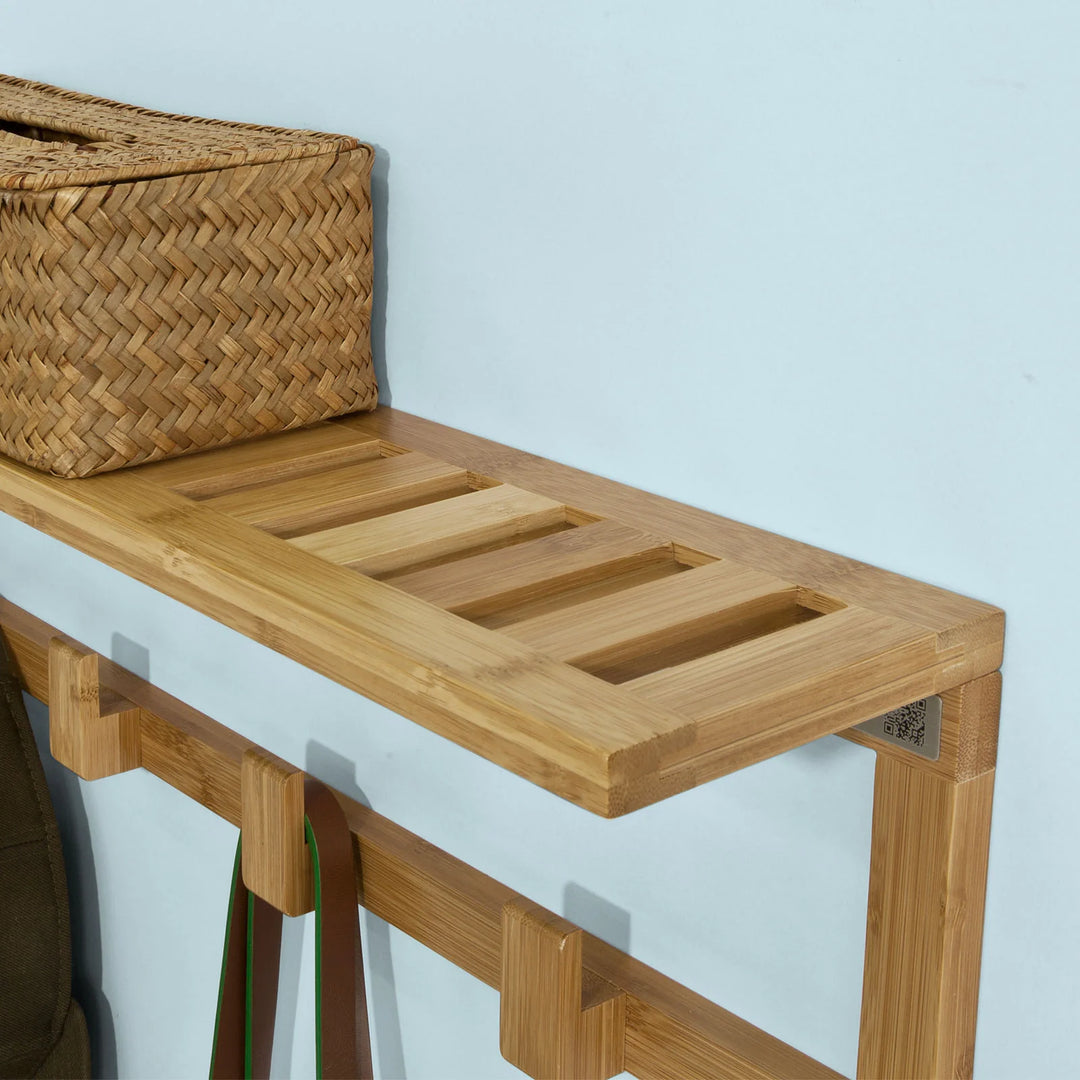 Møbelsæt til entré – skobænk og vægmonteret knagerække i bambustræ, naturfarvet