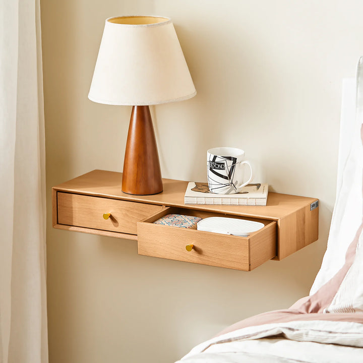 Massiv bøgetræ: den svævende væghylde med 2 skjulte skuffer, B60 x D20 x H10cm