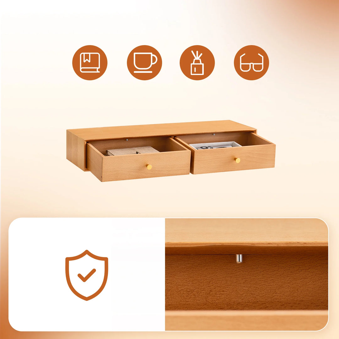 Massiv bøgetræ: den svævende væghylde med 2 skjulte skuffer, B60 x D20 x H10cm