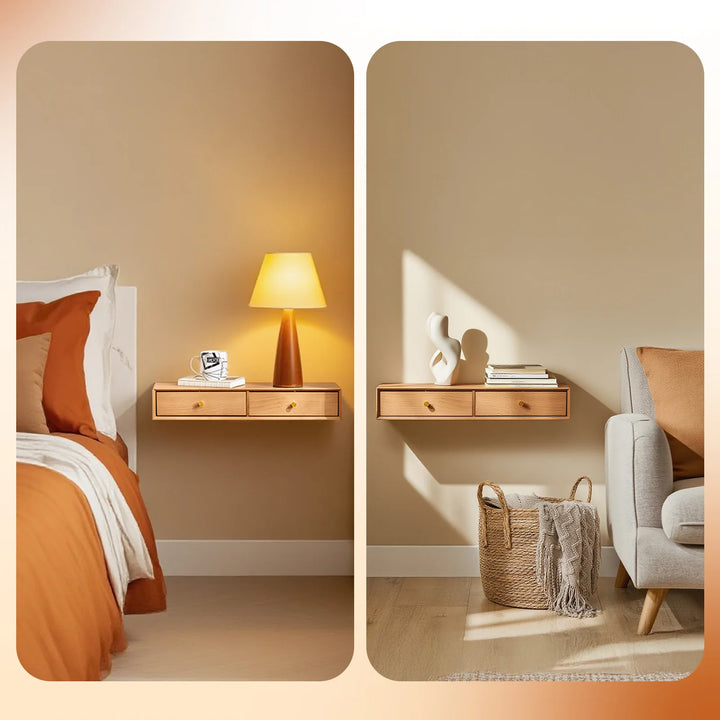 Massiv bøgetræ: den svævende væghylde med 2 skjulte skuffer, B60 x D20 x H10cm