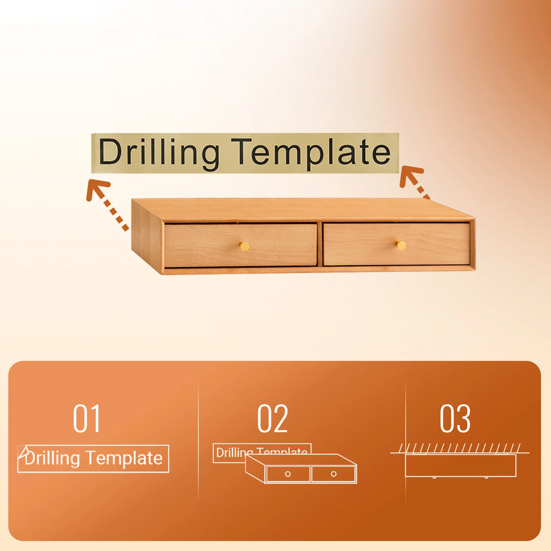 Massiv bøgetræ: den svævende væghylde med 2 skjulte skuffer, B60 x D20 x H10cm