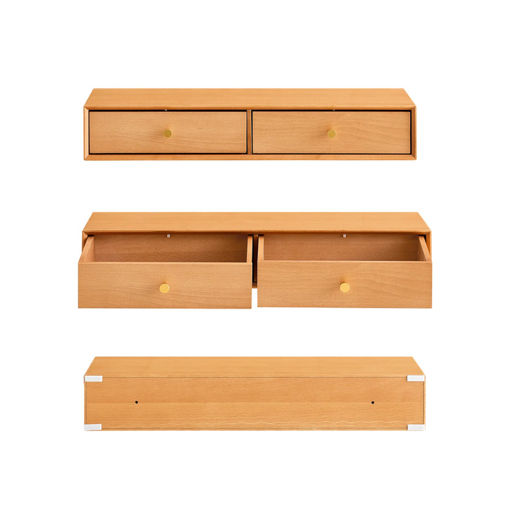 Massiv bøgetræ: den svævende væghylde med 2 skjulte skuffer, B60 x D20 x H10cm