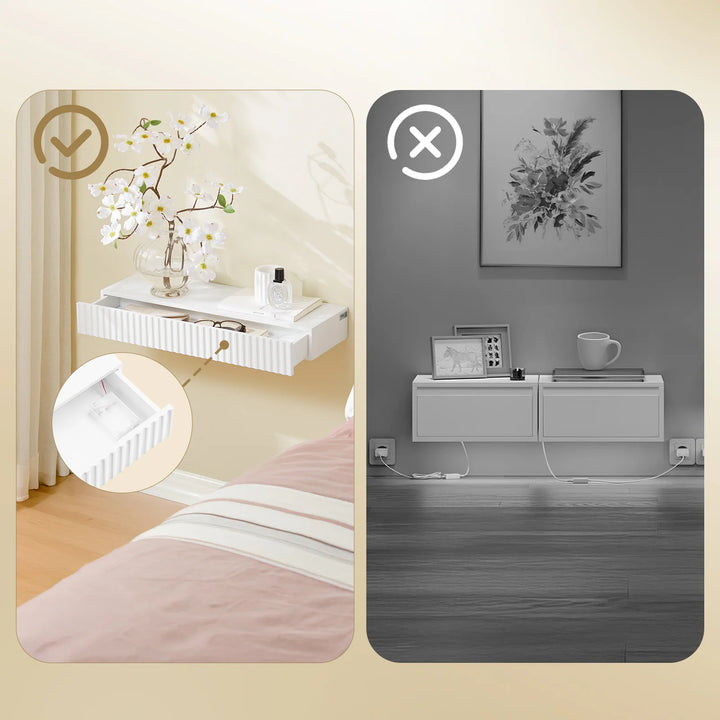 Moderne sengebord med skjult opbevaring – automatisk, batteridrevet lys (hvid), L60 × B20 × H8 cm