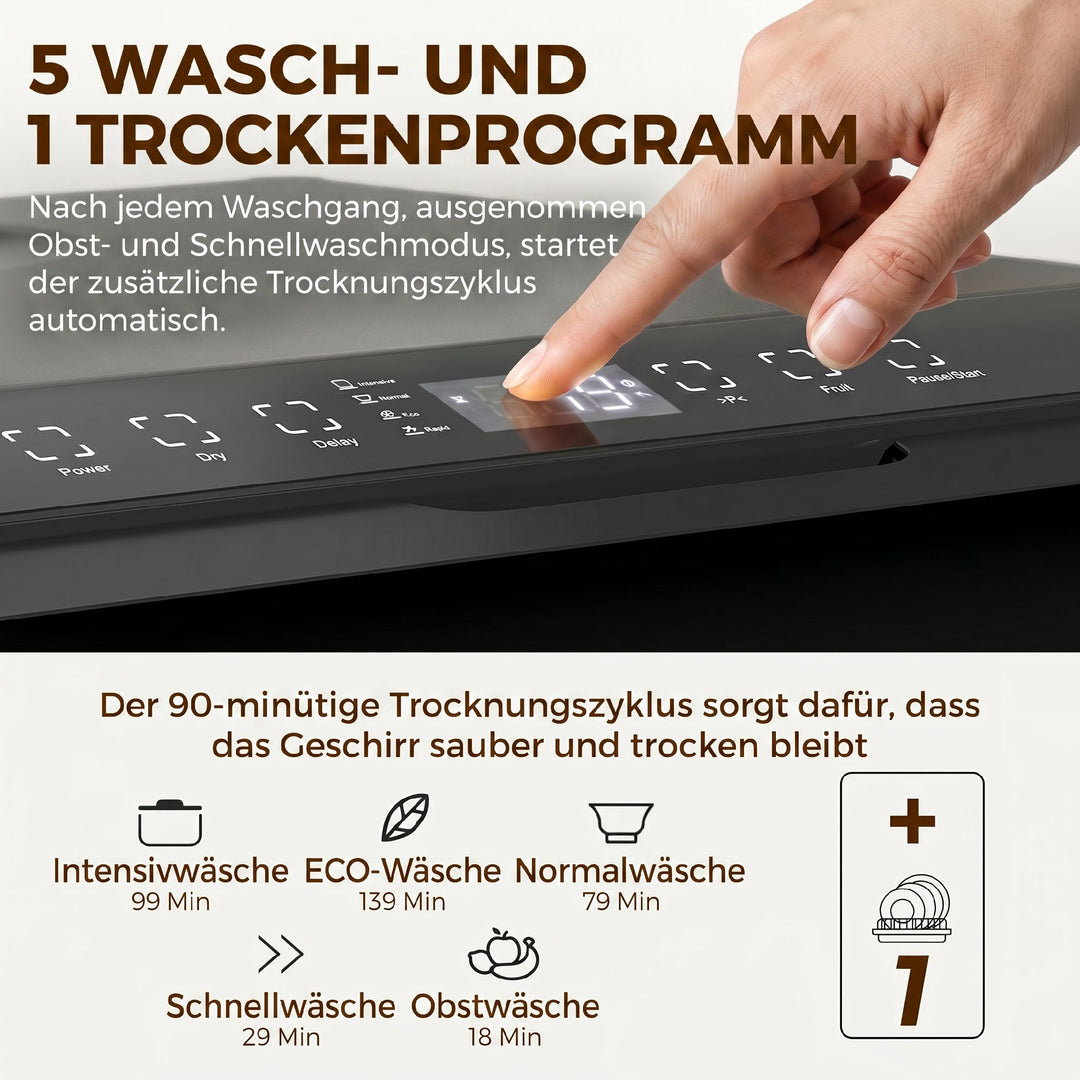 Bordopvaskemaskine, miniopvaskemaskine med 6-liters tank, 5 programmer, LED-display, tørrefunktion, sort
