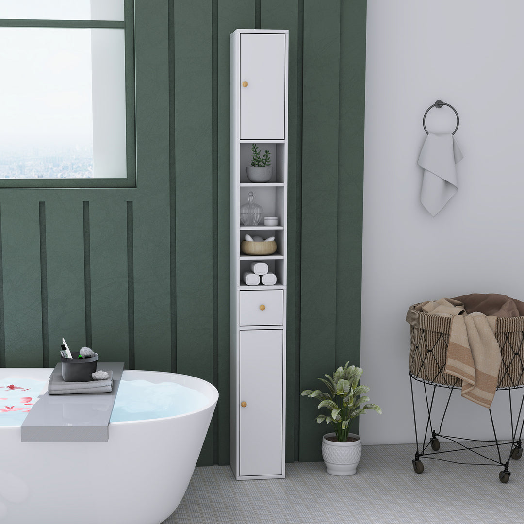 Badeværelsesskab, højt og slankt, åbne og lukkede rum, hvid