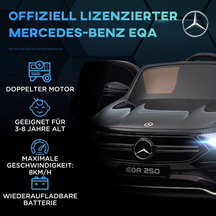 Elektrisk børnebil, mercedes-benz eqa med licens, 3-8 km/t, musik, forlygter, horn, fjernbetjening, sort