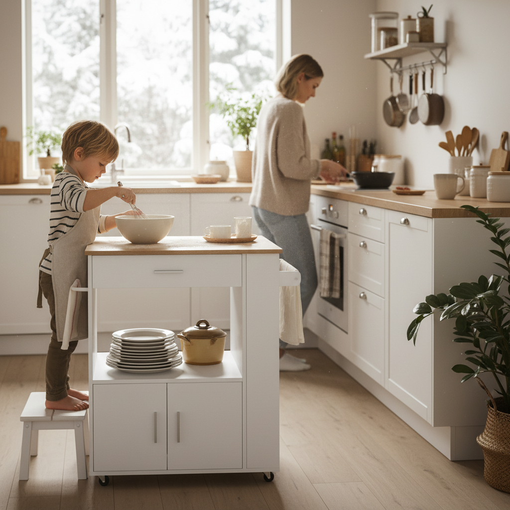 Køkkenø / køkkenskab / serveringsvogn i skandinavisk look, hvid