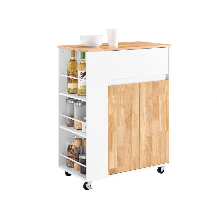 Køkkenvogn på hjul med arbejdsflade i gummitræ – robust og stabil køkkenmøbel, hvid, mål 70 x 40 x 90 cm, lastkapacitet 68 kg.