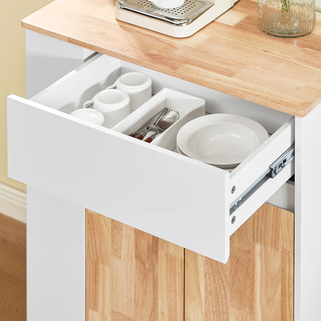 Køkkenvogn på hjul med arbejdsflade i gummitræ – robust og stabil køkkenmøbel, hvid, mål 70 x 40 x 90 cm, lastkapacitet 68 kg.