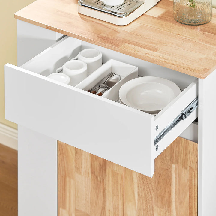 Køkkenvogn på hjul med arbejdsflade i gummitræ – robust og stabil køkkenmøbel, hvid, mål 70 x 40 x 90 cm, lastkapacitet 68 kg.