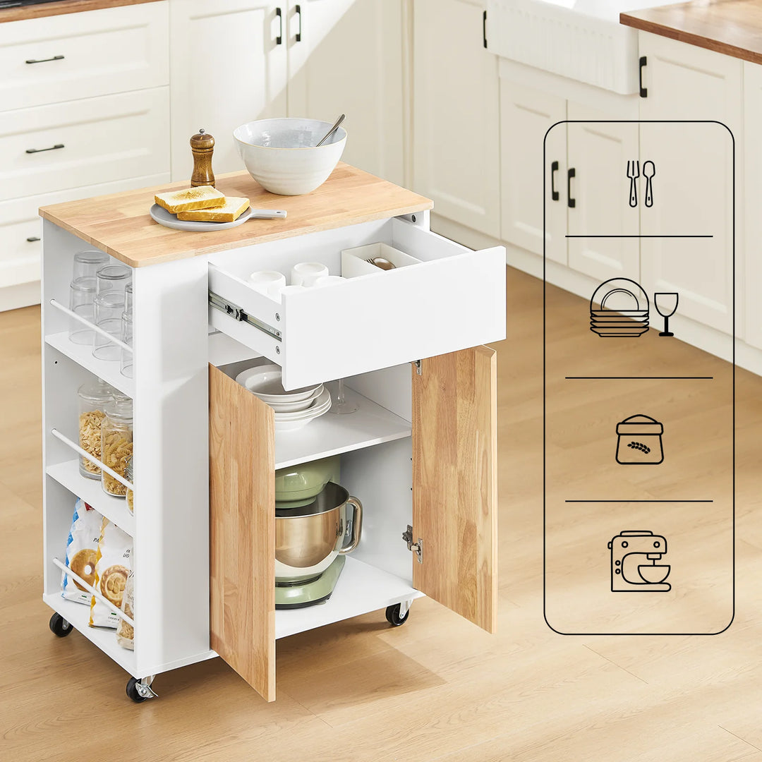 Køkkenvogn på hjul med arbejdsflade i gummitræ – robust og stabil køkkenmøbel, hvid, mål 70 x 40 x 90 cm, lastkapacitet 68 kg.