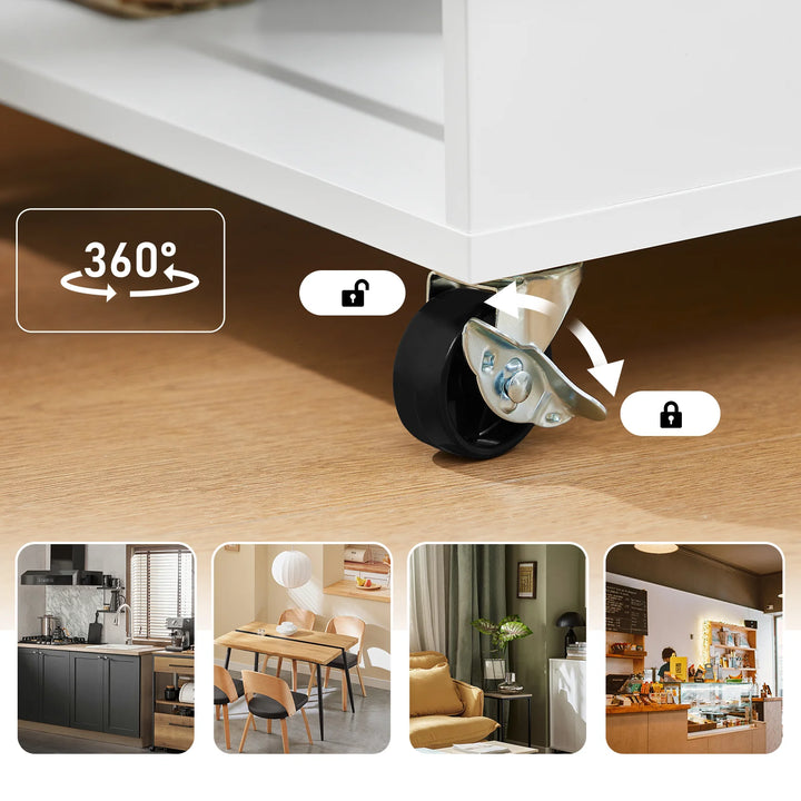 Køkkenvogn på hjul med arbejdsflade i gummitræ – robust og stabil køkkenmøbel, hvid, mål 70 x 40 x 90 cm, lastkapacitet 68 kg.