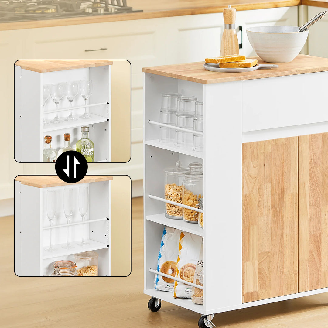 Køkkenvogn på hjul med arbejdsflade i gummitræ – robust og stabil køkkenmøbel, hvid, mål 70 x 40 x 90 cm, lastkapacitet 68 kg.