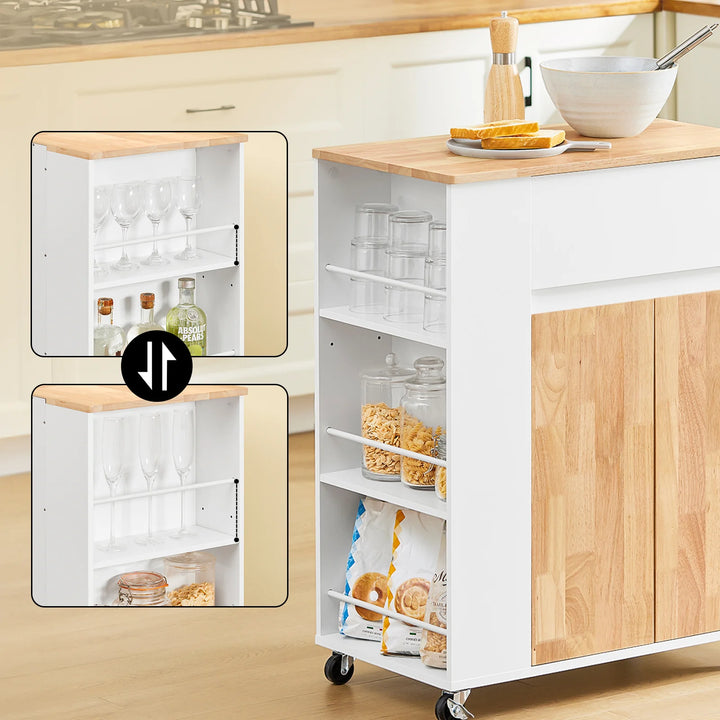 Køkkenvogn på hjul med arbejdsflade i gummitræ – robust og stabil køkkenmøbel, hvid, mål 70 x 40 x 90 cm, lastkapacitet 68 kg.