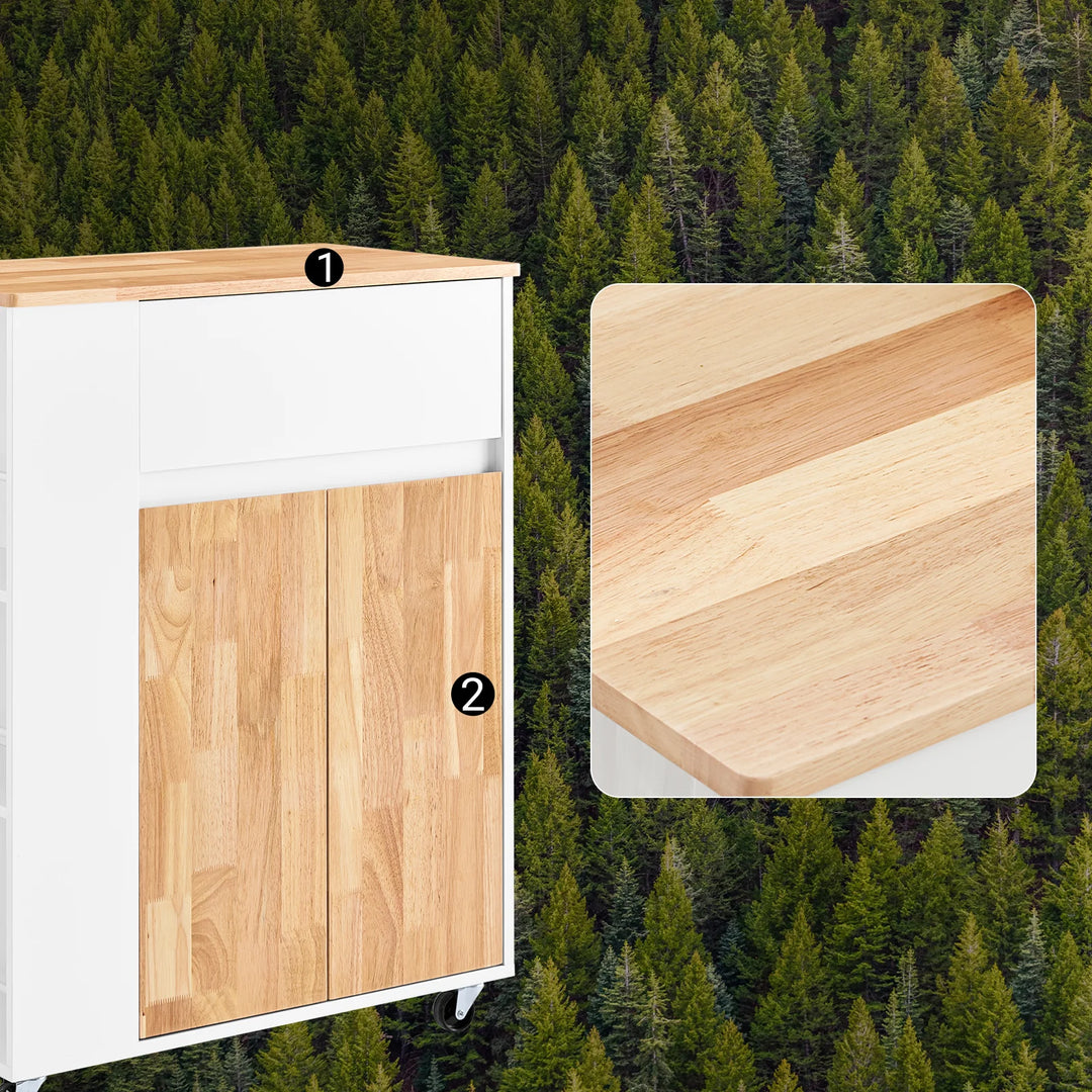 Køkkenvogn på hjul med arbejdsflade i gummitræ – robust og stabil køkkenmøbel, hvid, mål 70 x 40 x 90 cm, lastkapacitet 68 kg.