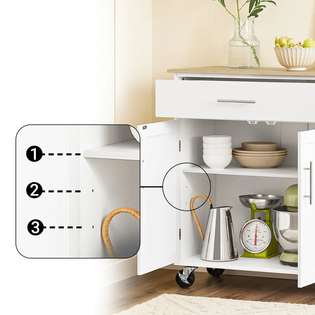 Den rullende køkkenø: mobil arbejdsstation med skuffe til indendørs/udendørs brug, B99 x D40 x H85 cm, hvid