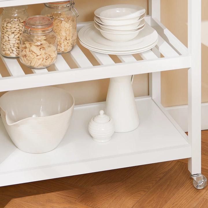 Pladsbesparende køkkenrullebord i hvid med stålbordplade, 81 x 45 x 90 cm