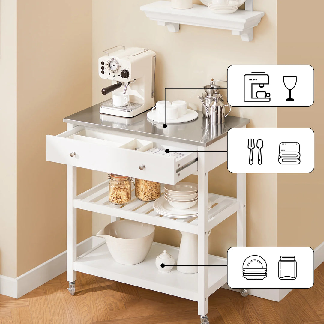 Pladsbesparende køkkenrullebord i hvid med stålbordplade, 81 x 45 x 90 cm