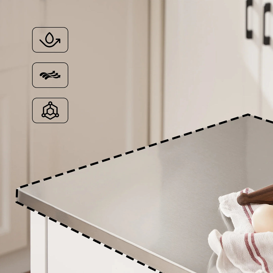 Pladsbesparende køkkenrullebord i hvid med stålbordplade, 81 x 45 x 90 cm