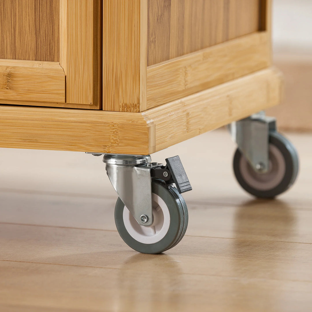 Elegant køkkenø med stålbordplade, bambustræ, B115 x D46 x H92 cm, naturfarvet