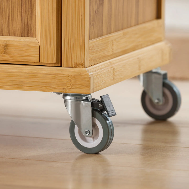 Elegant køkkenø med stålbordplade, bambustræ, B115 x D46 x H92 cm, naturfarvet