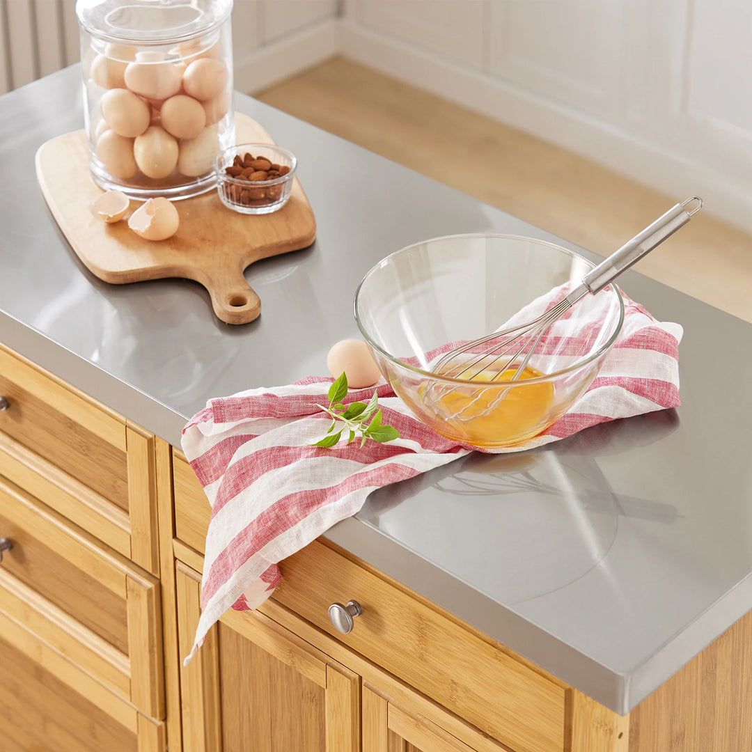 Elegant køkkenø med stålbordplade, bambustræ, B115 x D46 x H92 cm, naturfarvet