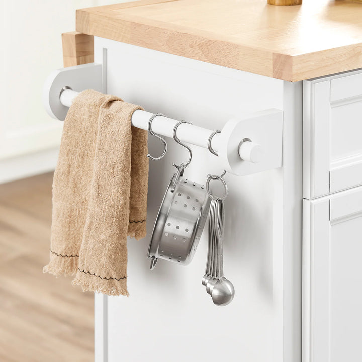 Den mobile køkkenø: køkkenvogn med hjul og udtrækkelig bordplade, D71 x B115 x H92 cm