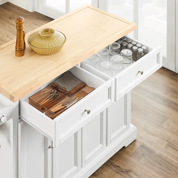 Den mobile køkkenø: køkkenvogn med hjul og udtrækkelig bordplade, D71 x B115 x H92 cm