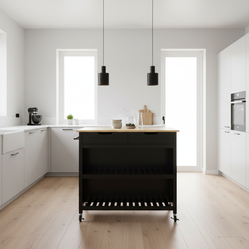 Køkkenø på Hjul med 2 Skuffer – 100x60x94 cm Sort | Hevea Træbordplade