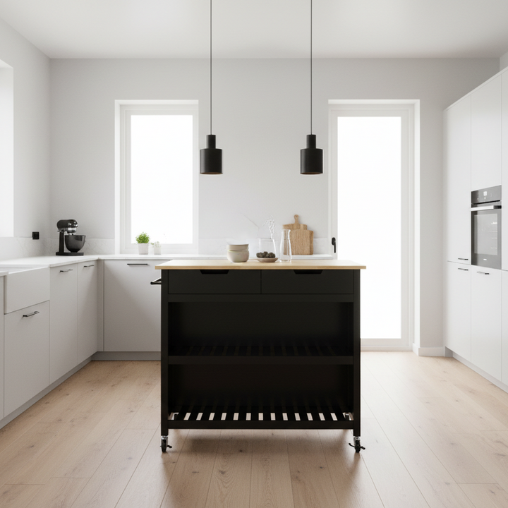 Køkkenø på Hjul med 2 Skuffer – 100x60x94 cm Sort | Hevea Træbordplade