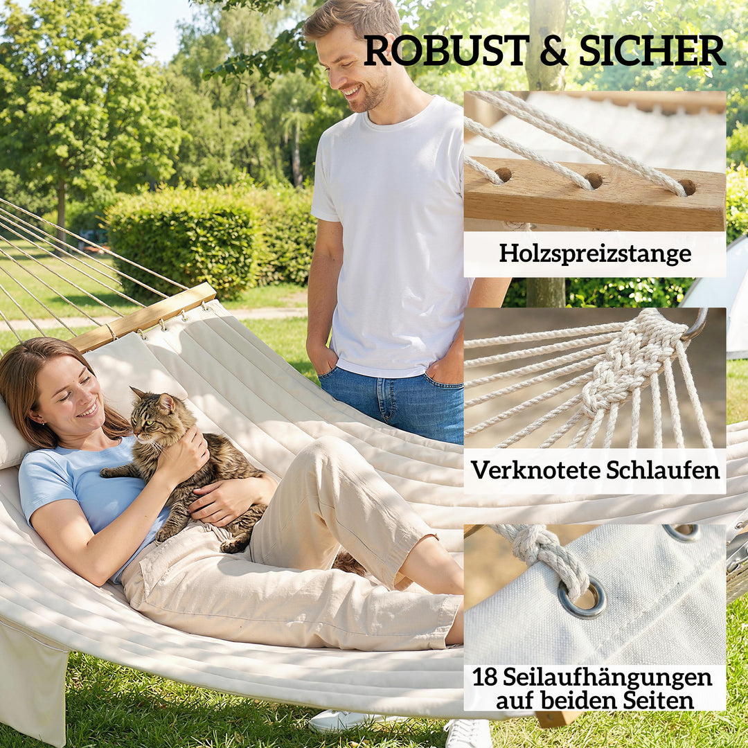Udendørs hængekøje 200x140cm, dobbeltlags hængekøje med nakkestøtte, magasinlomme, træstænger, op til 200kg
