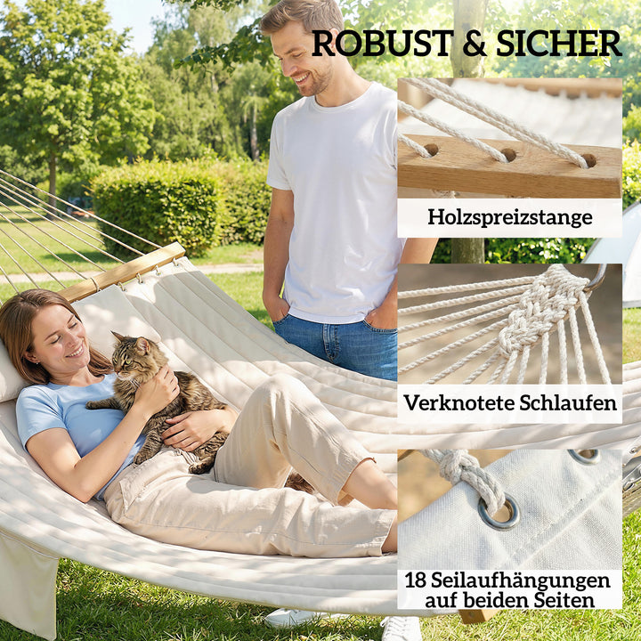 Udendørs hængekøje 200x140cm, dobbeltlags hængekøje med nakkestøtte, magasinlomme, træstænger, op til 200kg