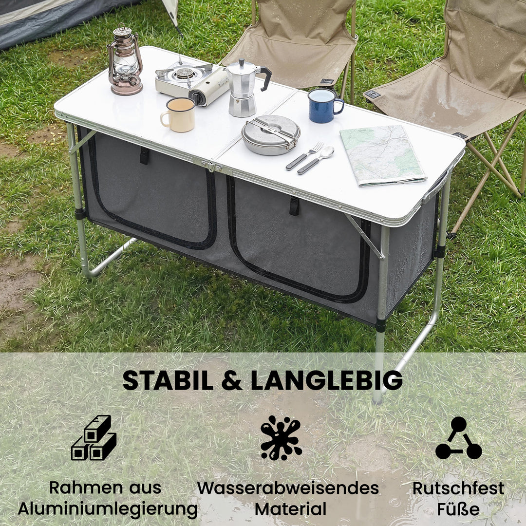 Sammenklappeligt campingkøkkenskab med aluminiumsramme, opbevaringsrum og bordplade til campingture, sølv