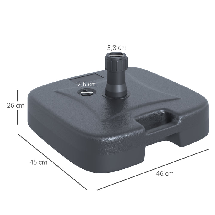Parasolfod, paraplystativ, paraplyholder, kan fyldes med sand eller vand, afrundede hjørner, HDPE-plast, sort, 46 x 45 x 26 cm, op til 30 kg, nettovægt 1,6 kg