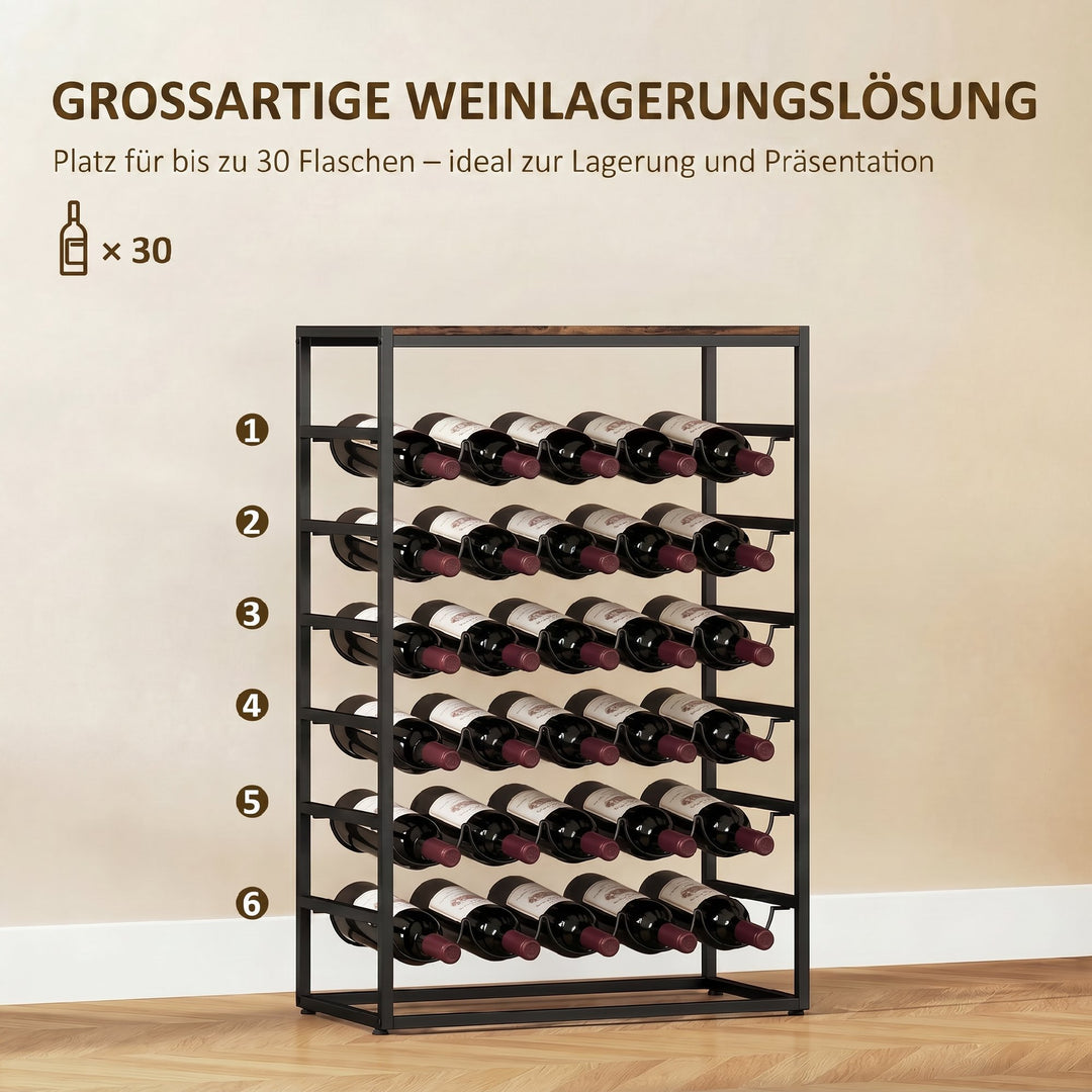 Vinreol til 30 flasker, fritstående metalflaskereol til kælder/opbevaringsrum, 59 x 30 x 88,5 cm, rustik brun