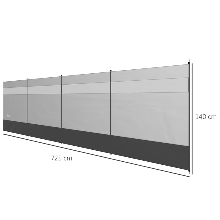Vindskærm med vindue og bæretaske, stålstænger, 725x140 cm, grå