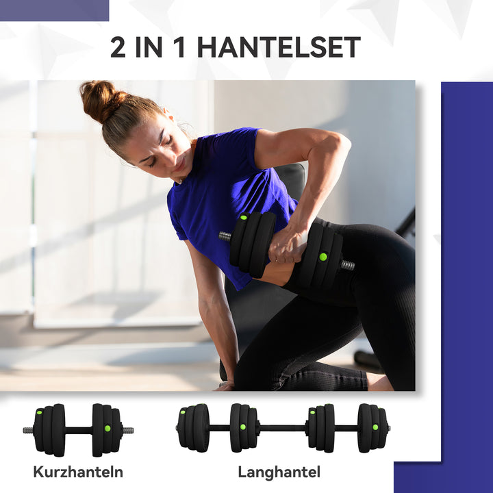 2-i-1 håndvægtsæt, vægtstang og håndvægt, 25 kg, skridsikker, gulvvenlig, sort/grøn