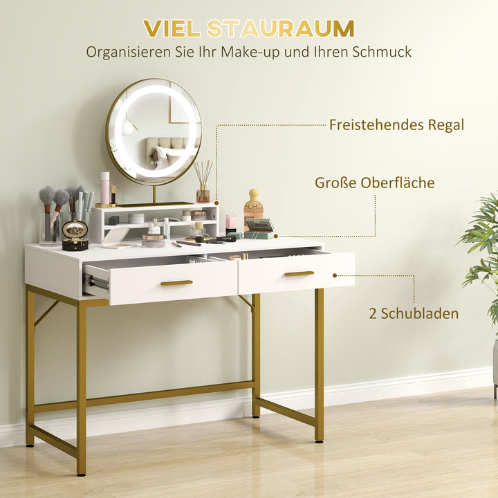 Sminkebord med 360° spejl, led-belysning, 2 skuffer, hvid/guld